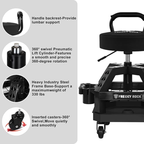 Rolling Shop Stool with Wheels (Black)
