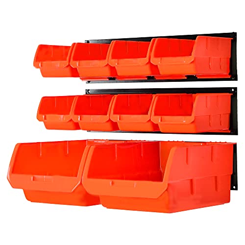 10 Bin Wall Mounted Plastic Storage Bins Hanging Organizer Bins (Orange / 10Bins+3Rails)