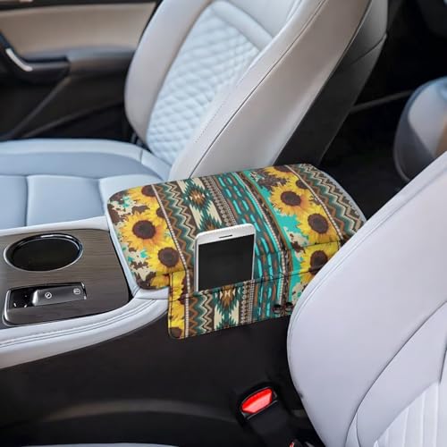 Aztec Sunflower Blue Auto Center Console Cover Soft Armrest Box Pad Protector Middle Console Cover with Pockets Storage Bag Hand Rest Pillow Car Interior Decor Accessories (Aztec Sunflower Blue)