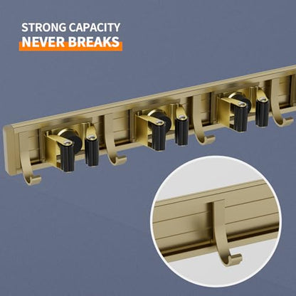 Broom Holder Wall Mount Mop Hanger Tools organizer 4Racks 5Hooks (Bronze)