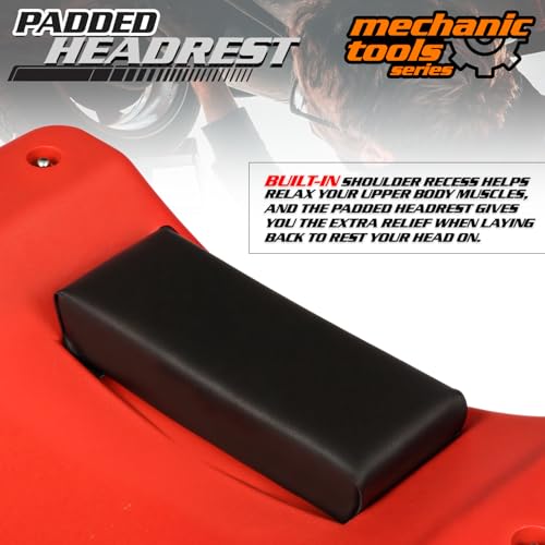Plastic Rolling Garage Creeper with Padded Headrest 36" Light Weight Automotive Creeper Mechanic Cart with Dual Tool Trays and Noiseless Casters (Red / 36")