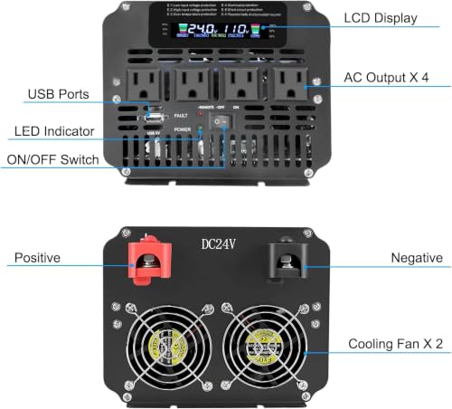 3000 Watt Power Inverter 24V to 110V 120V DC to AC with 4 AC Outlets