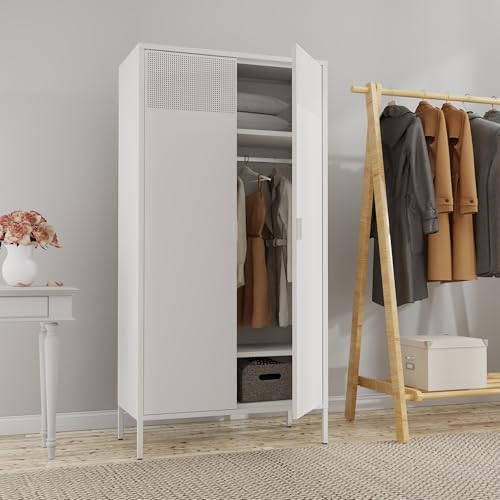 Metal Storage Cabinets Locker with Hanging Rod and Adjustable Shelves (White / 71''H-Wardrobe)