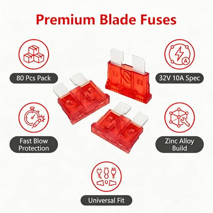 80Pcs) 10 Amp Standard Fuse, 10A Car Blade Fuses for Car/RV/Truck/SUV/Motorcycle/Boat (10A)