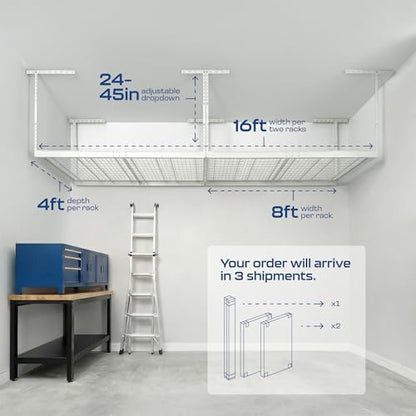 MonsterRax 2 Pack 4x8 Overhead Garage Storage Rack (White / 24"-45" (2-Pack))