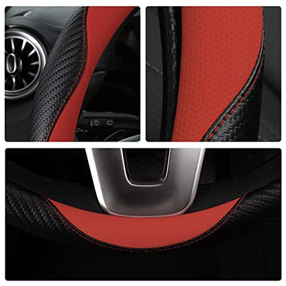 Car Steering Wheel Covers for Women Girl Padded Carbon Fiber PU Leather Cute Cartoon Auto Interior Accessories for Jeep (Red+Black / Large Size[15.2-16"](38.6-40.5cm))