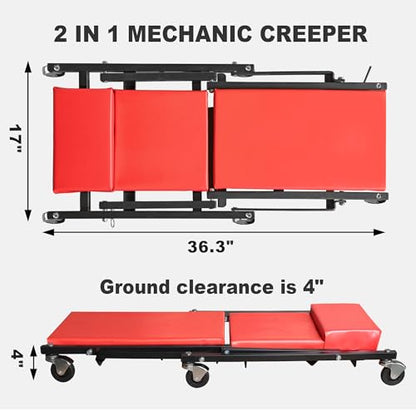 36" Rolling Foldable Car Creeper Automotive Creeper (Red Foldable Creeper)