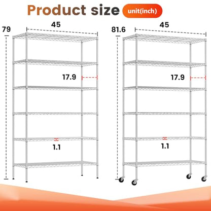 6 Tier Wire Shelf with Wheels (Chrome / 45"W x 18"D x 82"H)