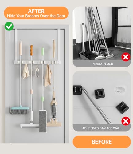 Broom Holder Over The Door with Hooks (White)