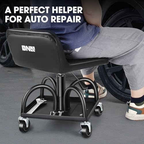 Rolling Padded Seat Adjustable Height Seat 330lbs Capacity Rolling Mechanic Creeper Stool (Square Tray Black)