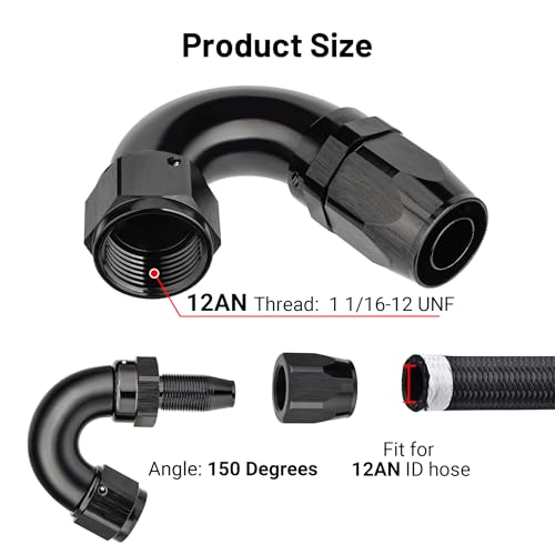 12AN 150 Degree One Piece Full Flow Hose End Fitting Swivel for CPE Braided Hose (12AN / 150 Degree)
