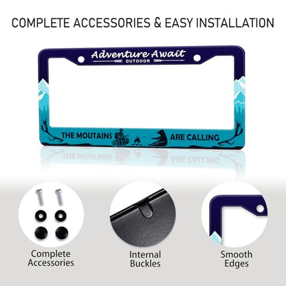 Adventure Await License Plate Frame Mountains Forest Bear License Plate Holder Metal Aluminum Rustproof Hiking Camping Car Tag Frame Auto Accessories Decoration for Women Men (Adventure -Blue)