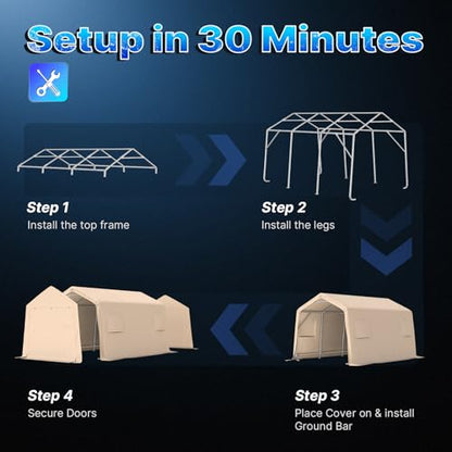 10X15 ft Garage Shelter Steel Metal Peak Roof Portable Storage Shed Carports for Motorcycle Boat (Beige / 10'x15')