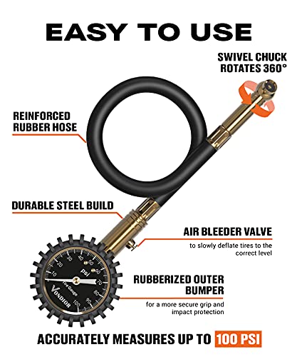 Tire Pressure Gauge for Cars (0-100 PSI / Black Tire Gauge w/ Tube)
