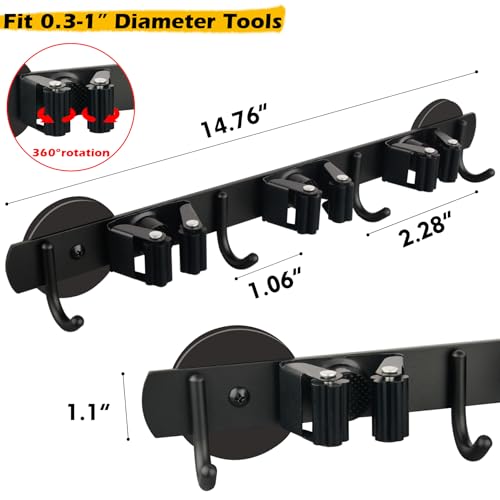 Heavy Duty Magnetic Broom Holder (Heavy Duty,Black,3 Hooks 4 Slots)