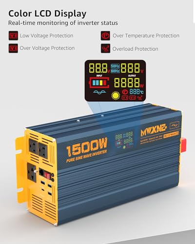 1500W/3000W(Peak) Power Inverter Pure Sine Wave DC 12V to 110V 120V AC Converter 3 AC Outlets Car Inverters with 4 USB Fast Charging Ports, LCD Display and Remote Controller for Truck RV (1500W- 12V)