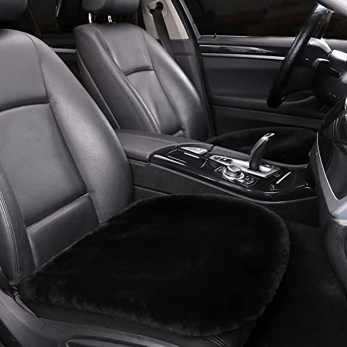 Genuine Sheepskin Car Seat Cushion Seat Covers for Cars Trucks SUV Comfort Seat Protector Pad for Car Driver Seat Car Accessories for Women Office Chair Car Decor (Black / Front Seat Cushions-2 Pcs)