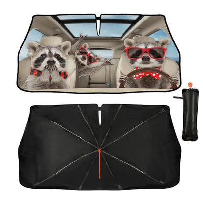 Print Raccoon Windshield Sun Shade Funny Raccoon Sun Shade for Car Front Window Block UV Rays Foldable Umbrella Windshield Sun Visor Protector Keep Vehicle Cool for Most Vehicles (raccoon)