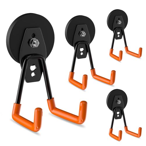 Strong Magnetic Hooks Heavy Duty 4 Pack Magnet Garage Hook Heavy Duty Rare Earth Magnets Utility Storage Hooks for Hanging Ladder (Orange)