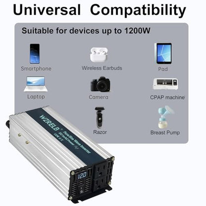 1200W Pure Sine Wave Inverter 36V DC to 110V 120V AC Power Converter with LED Display