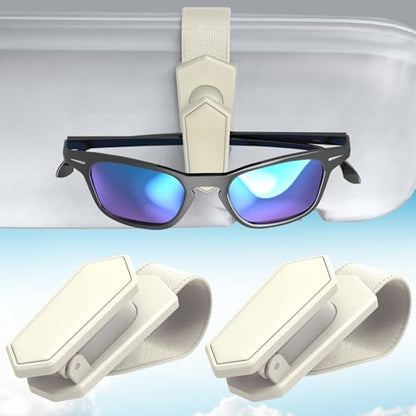 One-Handed-Operation Sunglasses Holder for Car, Visor Sunglass Holder Clip, Car Accessories Interior, Universal Fit Silicone Padded Visor Sunglass Holder Car, Unmatched Durability (2 Pack) (2 Pack / Beige)