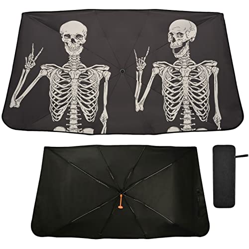 Skull Windshield Sun Shade Umbrella Fun Human Skeleton Black Foldable Car Front Window Sunshade Blocks UV Rays Heat Keep Vehicle Cool (multi 15)