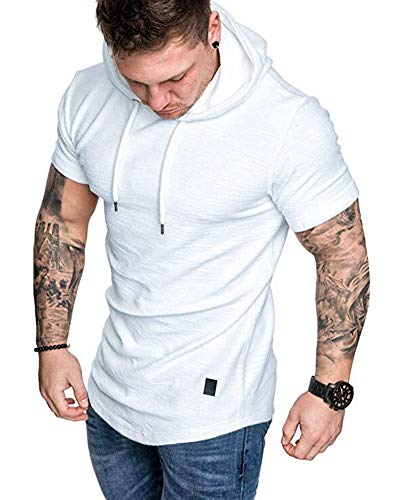 Mens Fashion Hoodies Sport Pullover Solid Color Shirt Workout Lightweight Tops White Large (Large / White1)