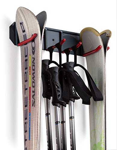 Wall Mounted Rack Organizer for Skis and Poles Heavy Duty Horizontal Wall Ski Rack Garage Storage with Metal Frame and Padded Hooks Indoors Outdoors Premium Wall Hooks (Medium)