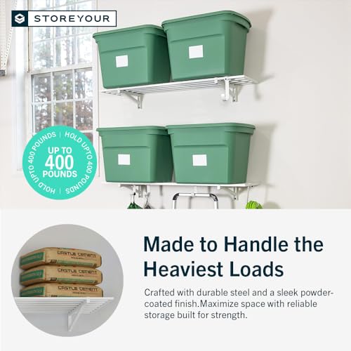 Garage Wall Shelf (White / 1x4ft 2-Pack Shelf | 200lb Each | 6 Hooks)