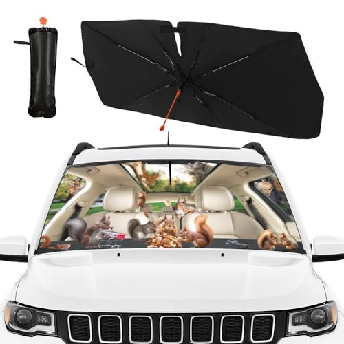 Car Windshield Sunshade Umbrella Squirrel Funny Sun Shade Cover Upgraded Sunshade Windshield Umbrella with 360° Bendable Handle for Protect Car Interior 57"x30" (Squirrel-1)