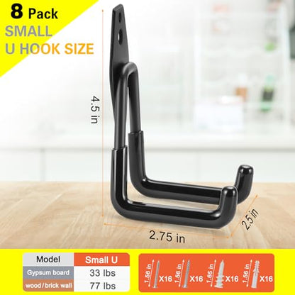 8 Pack Heavy Duty Garage Hooks Storage Organizer Wall Mount Power and Garden Tool Hangers (Small U Hook / Black 8 pack)