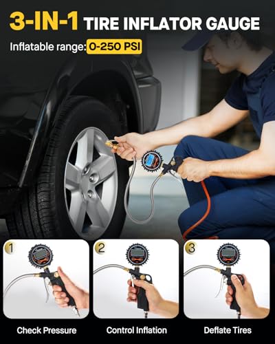 Digital Tire Pressure Gauge with Inflator (3-250PSI / Tire Inflator Gauge)