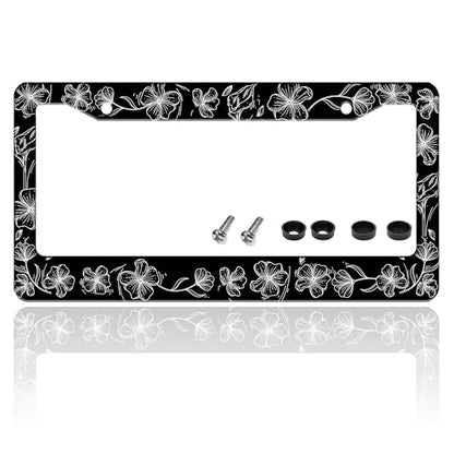 Black White Line Drawing Floar License Plate Frame Stainless Steel 6X 12 in (Black And White Line Drawing Flowers)