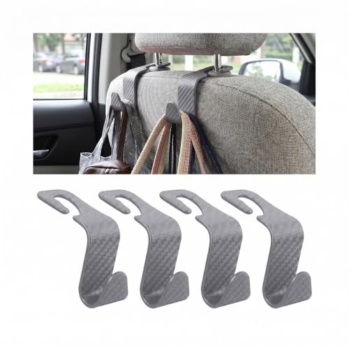 4 Pack Headrest Hooks for Vehicle Seats (Carbon Fiber/Grey)