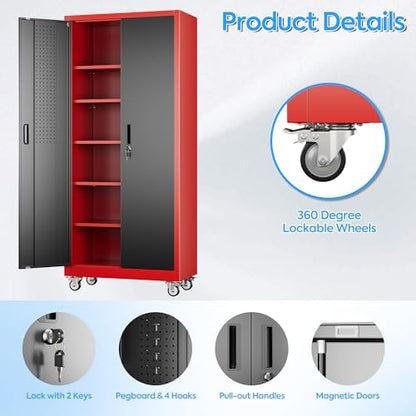 Garage Storage Cabinet with Pegboard (Black&red / 16"D x 32"W x 71"H)