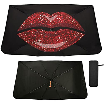 Woman Red Lips Glitter Windshield Sun Shade Umbrella Foldable Car Front Window Sunshade Blocks UV Rays Heat Keep Vehicle Cool (multi 29)
