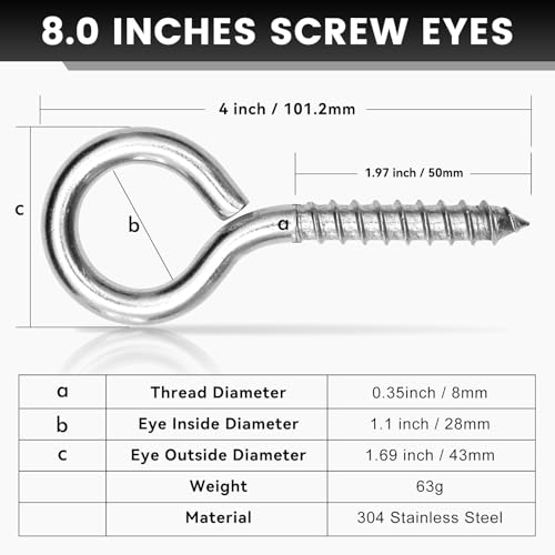 8Pcs Self Tapping Eyelet Screw Eye Bolt (M8-4 INCH)