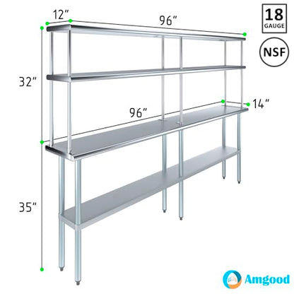 Stainless Steel Work Table Double Tier Overshelf (14" x 96" Work Table + 12" Overshelf)