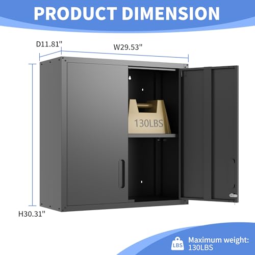 Wall Mounted Metal Storage Cabinet (Black / H30.31" - 2 Doors)