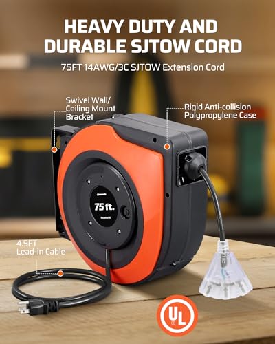 75FT Retractable Extension Cord Reel (Orange)