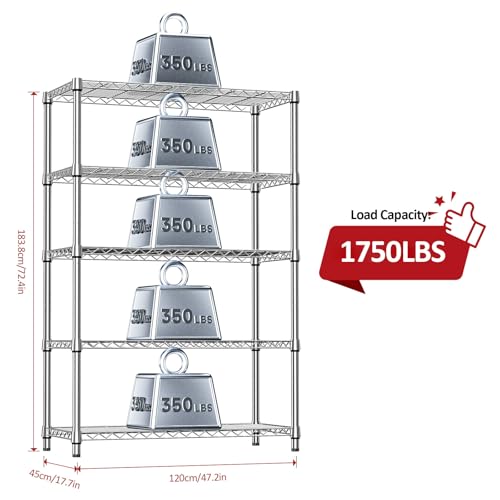 5 Tier Heavy Duty Metal Storage Shelving Unit (5 Tier, 17.7" D x 47.2" W x 72.3" H / Chrome)