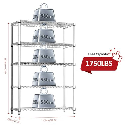 5 Tier Heavy Duty Metal Storage Shelving Unit (5 Tier, 17.7" D x 47.2" W x 72.3" H / Chrome)