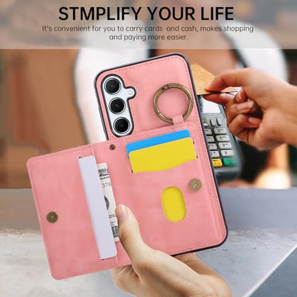 Compatible with Samsung Galaxy S23 FE 5G Wallet Case and Screen Protector Crossbody Shoulder Strap Ring Buckle Stand Card Holder Magnetic Car Mount Phone Cover for S 23 EF S23FE 23S Women Men Pink (Rose Gold / for S23 FE)