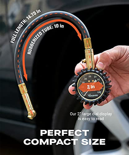 Tire Pressure Gauge for Cars (0-100 PSI / Black Tire Gauge w/ Tube)