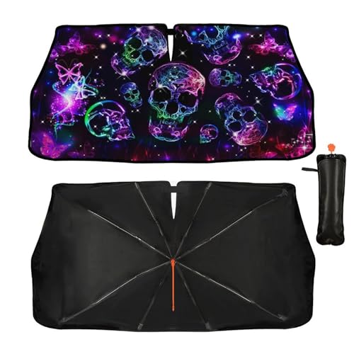 Neon Skull Butterflies Car Windshield Sunshade Umbrella Retractable Sun Shade for Car Upgraded Umbrella Front Window Sun Shade Cover UV Blocks Heat Insulation Sunshades (One Size / Style3)