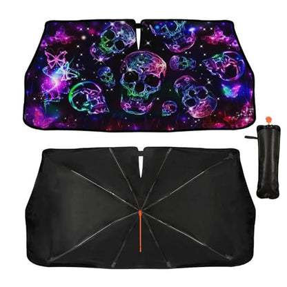 Neon Skull Butterflies Car Windshield Sunshade Umbrella Retractable Sun Shade for Car Upgraded Umbrella Front Window Sun Shade Cover UV Blocks Heat Insulation Sunshades (One Size / Style3)