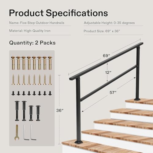 5 Step Stair Handrail 69"x36" Wrought Iron Porch Railing Black (Black / 5 Steps)