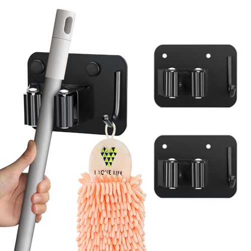 2 Pack Broom Holder with Heavy Duty Hooks (2PCS-Matte Black+Hook)