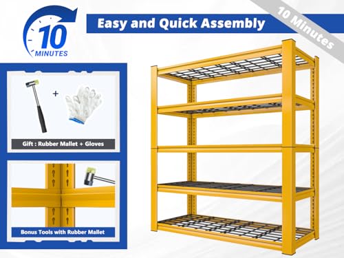 72''H Garage Shelving 3010 LBS Storage Shelves Adjustable Metal Shelving 5 Tier Metal Shelves for Storage Industrial Shelf for Kitchen Pantry Warehouse Basement 72" HX35.5 WX16 D (Yellow)