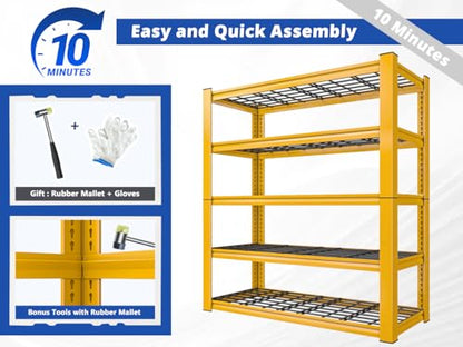 72''H Garage Shelving 3010 LBS Storage Shelves Adjustable Metal Shelving 5 Tier Metal Shelves for Storage Industrial Shelf for Kitchen Pantry Warehouse Basement 72" HX35.5 WX16 D (Yellow)